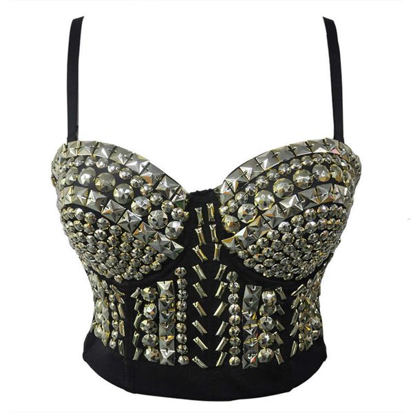 

dancer singer night costume club punk pin beads women's gold bra, Black;gray