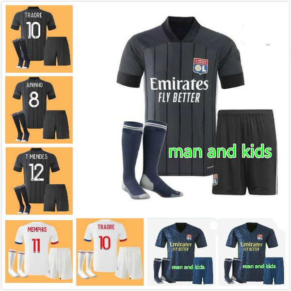 

men kids 20 21 maillot de foot memphis aouar soccer jersey 2020 2021 ol lyon maillot de foot traore memphis football shirt, Black;yellow