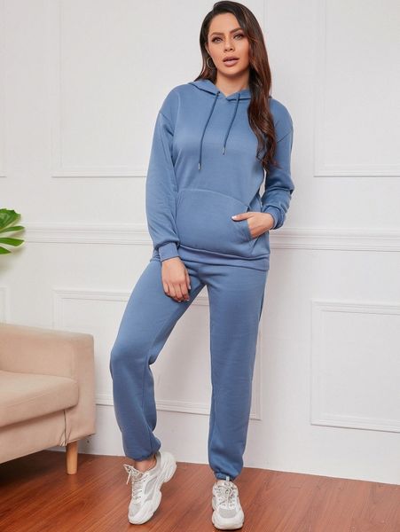 

solid pocket drawstring hoodie & sweatpants s7ru#, White