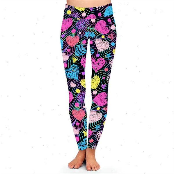 

2021 women lovely heart shape digital printed skinny leggings stretchy leggins high waist fitness legging, Black