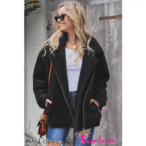 

women's wool & blends breaker pocketed sherpa statement jacket fashion asymmetric zipper style side bag furry lady's in 20211, Black