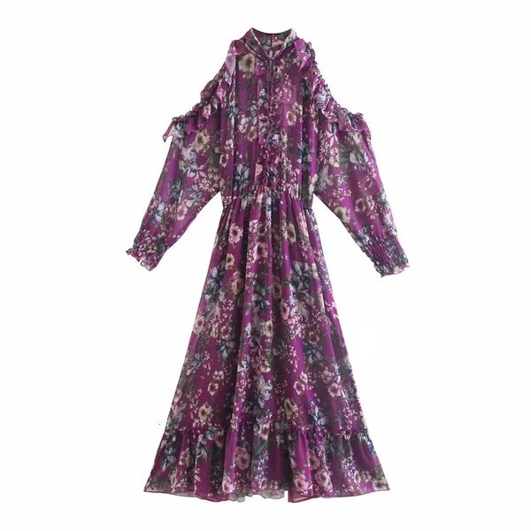 

2021 new purple chiffon floral print women high neck long sleeve off shoulder ruffle maxi dress woman backless dresses xth4, Black;gray
