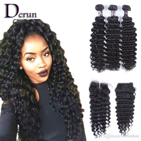 

lace closure with brazilian hair 3 bundles deep wave human hair weave unprocessed indian malaysian peruvian hair extensions, Black