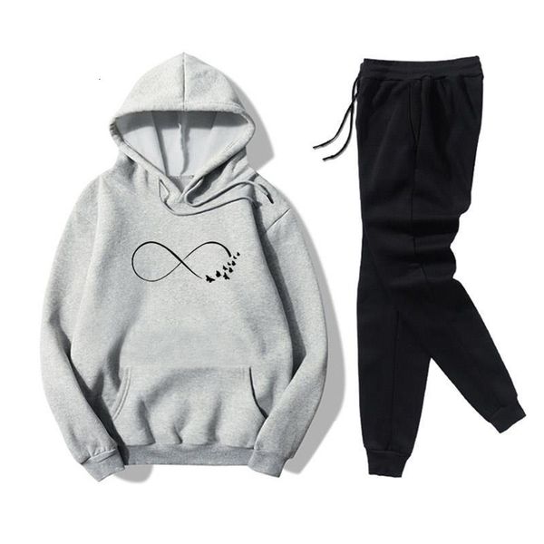 

autumn and winter women simple butterfly print casual sports sweater suit 2 pieces sets hoodies sweatshirt and pants suits hot, Gray