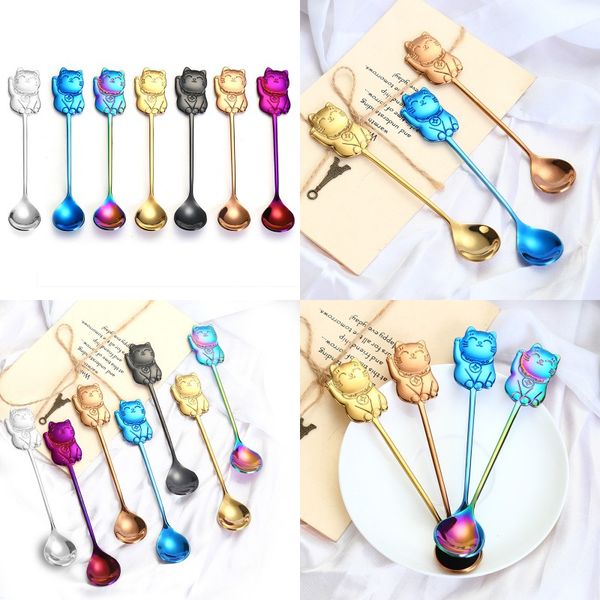 

304 stainless steel dessert spoon money cat modeling ice cream spoons bar blue black coffee stir tableware 4 2xs l1
