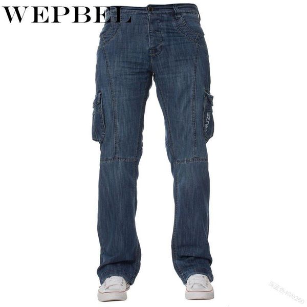 

wepbel men's fashion denim jogger cargo jeans designer washed denim long pants with pocket plus size new, Blue