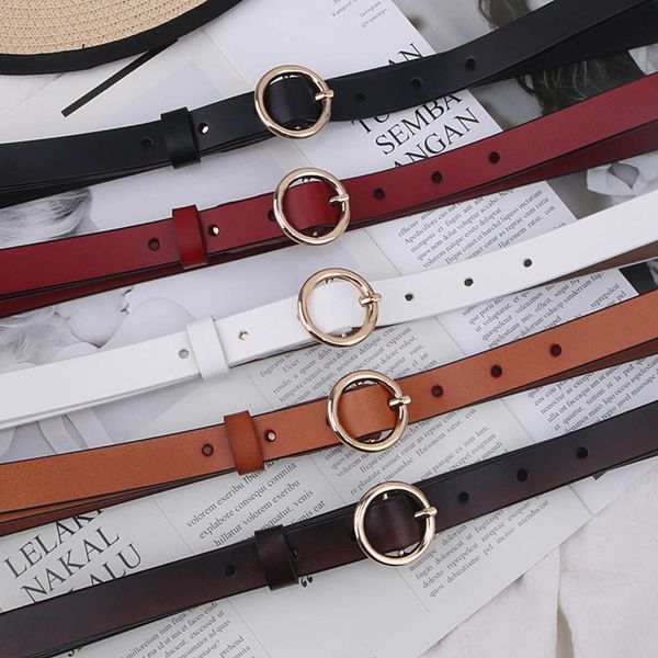 

korean women's thin gold round circle pin buckle head student jeans belt popular, Black;brown