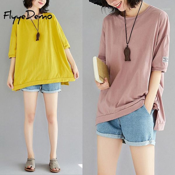 

large size women 2020 summer new solid color loose o neck half sleeve side slit bat tee casual women clothing t-shirt1, White