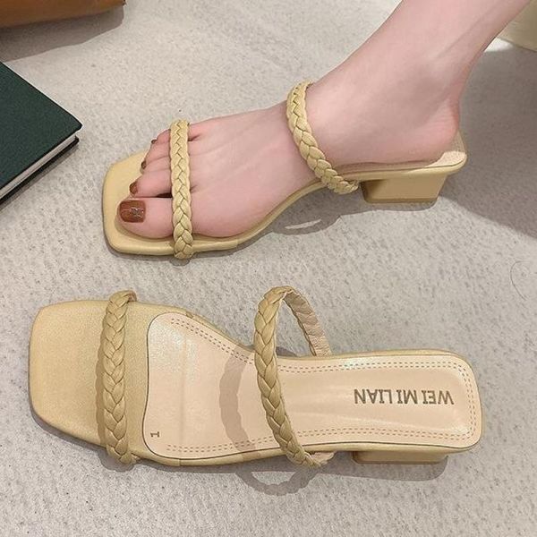 

slippers square heel slides shoes for women mule summer beach female zapatillas mujer casa flip flop sapatos femininos, Black
