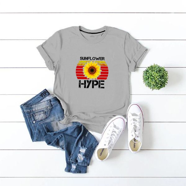 

lh20443 women's short-sleeved ins tide net celebrity sunflower hype sunflower print casual round neck comfortable t-shirt women, White