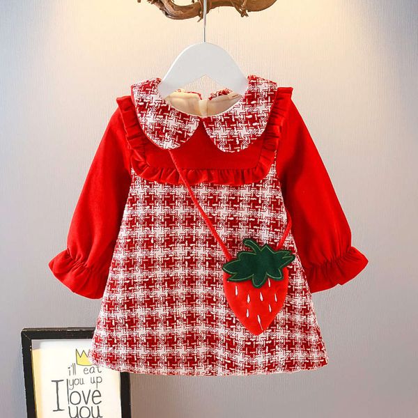 

girls' new year's children's winter plush little fragrance drs thickened warm princs strawberry satchel skirt fashion, Red;yellow