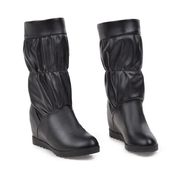 

women snow boots winter faux leather black mid calf boots pleated platform martin botas mujer chaussures femme