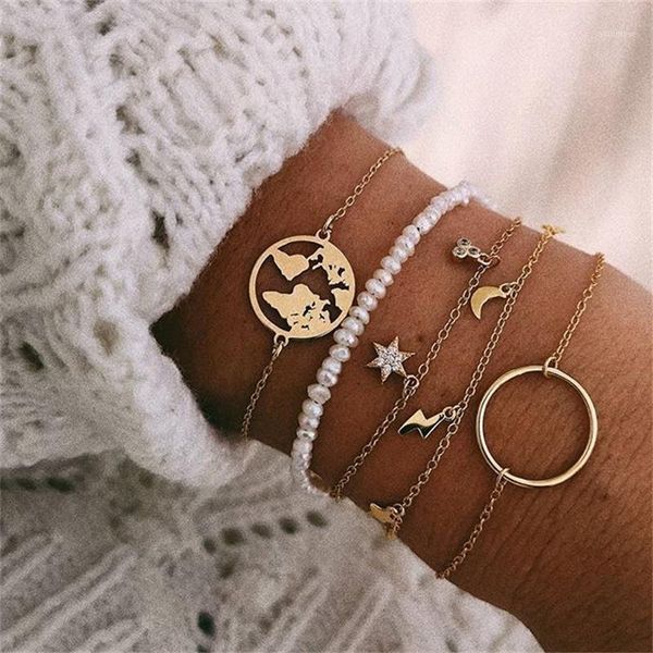 

5pcs/set moon star map bracelets bangles for women boho gold circle pearl charm bracelet set femme couple bracelet jewelry gift1, Golden;silver
