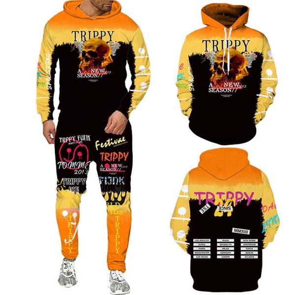 

men's hip hop skull two-piece set, large hoodie, trousers, Gray