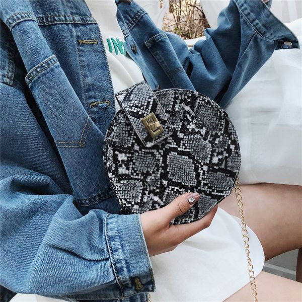

2020 fashion round handbag pu shoulder snake skin printed messenger bag women satchel tote purse bags