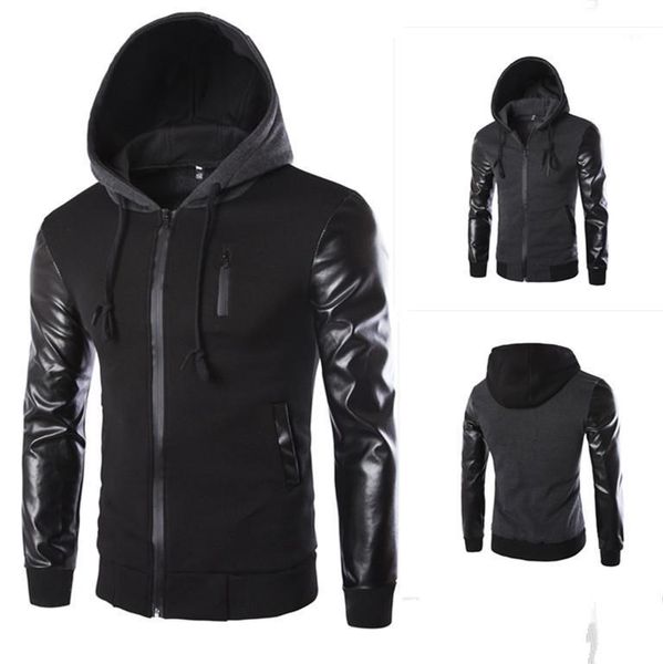 

autumn casual jacket men hooded jacket and coat pu leather sleeve slim outerwear coat men leisure zipper sportwear1, Black;brown