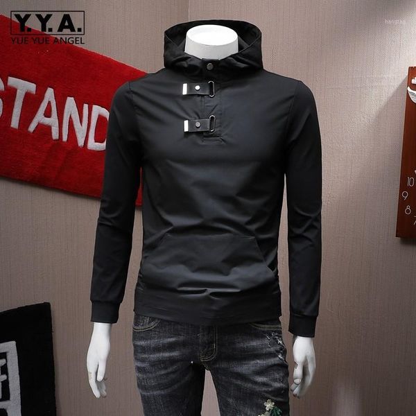

fashion mens pullover jacket slim fit casual hoody new designer buckle male outwear coat male streetwear pockets cap jacket1, Black;brown