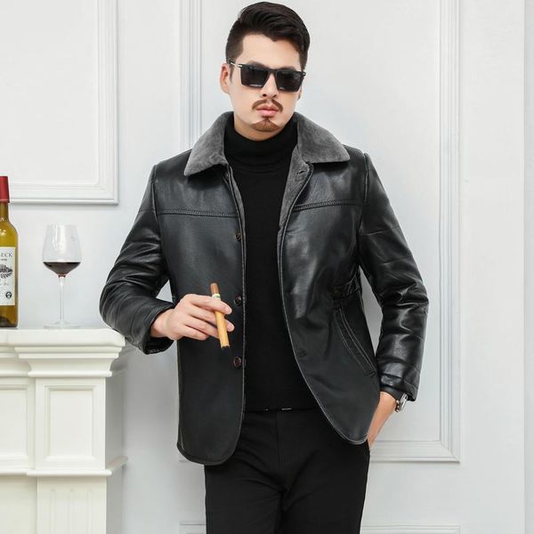 

big size 6xl men's real leather bomber jacket with fur collar genuine leather pigskin jackets winter warm coat men1, Black
