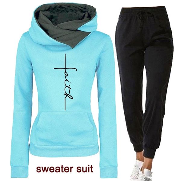 

winter woman tracksuit 2 piece set hoodies+pants faith embroidered sweatshirt long sleeve pullovers casual warm women's suit 201113, White