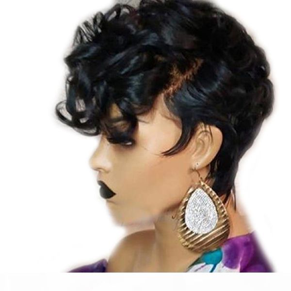 

13x6 remy brazilian short pixie human hair wigs for women bouncy curly glueless black color (side bangs cut) 150% density, Black;brown