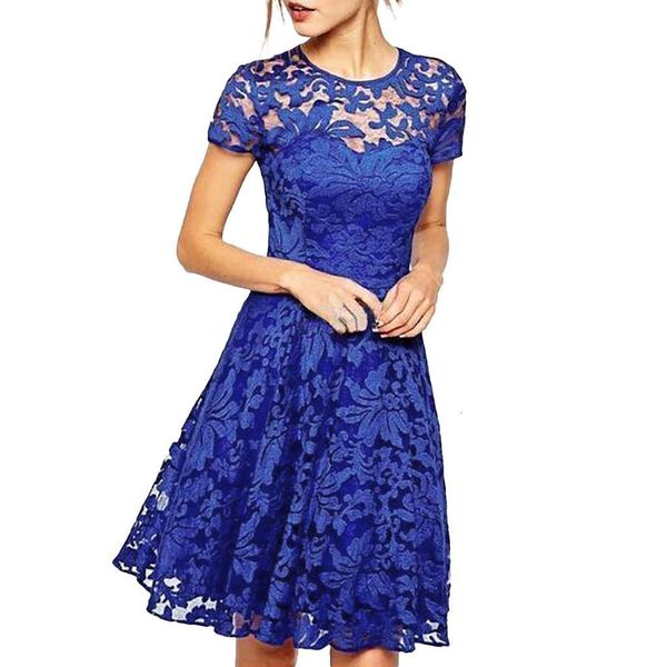 

dress women o-neck short sleeve blue lace fit and flare casual fashion noble valuable novel women dress summer, Black;gray
