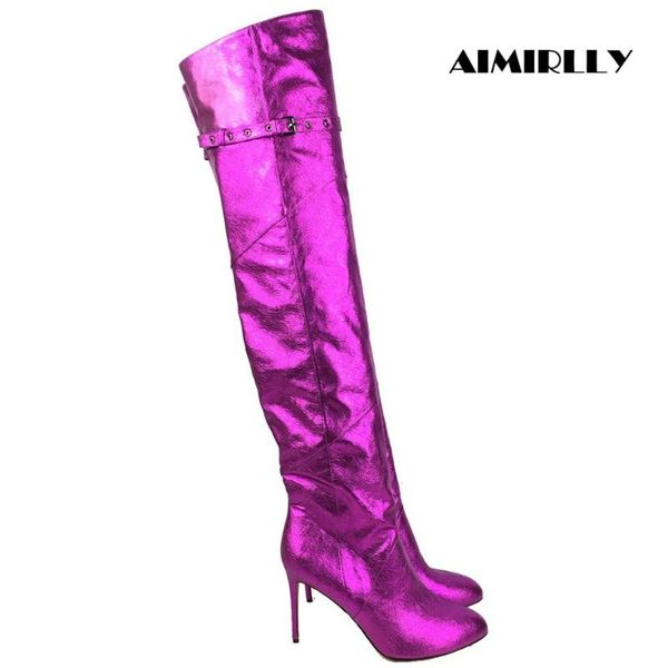 

женщины круглый toe высокие каблуки над коленом boots бедро высота дамы моды зимняя обувь пряжки ремешка яркий фиолетовый блестящая pu, Black