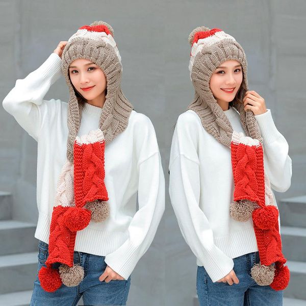 

beanie/skull caps 2021 winter hat girl cute warm set crochet cap knit scarf pompon beanies shawl solid weave plus velvet headwear, Blue;gray