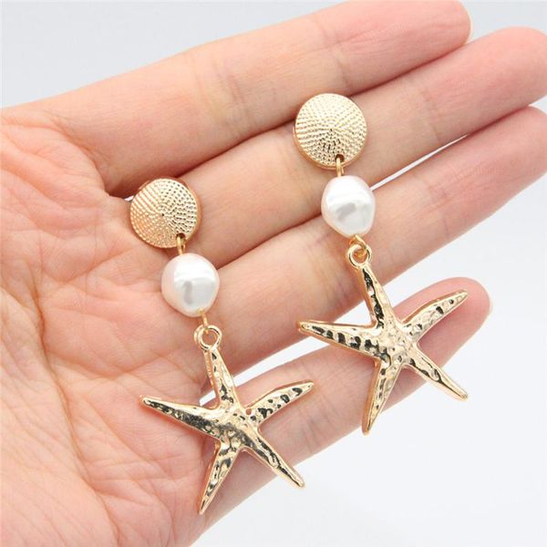 

stud fashion personality contracted ocean style earrings starfish long pearl jewelry accessories, Golden;silver