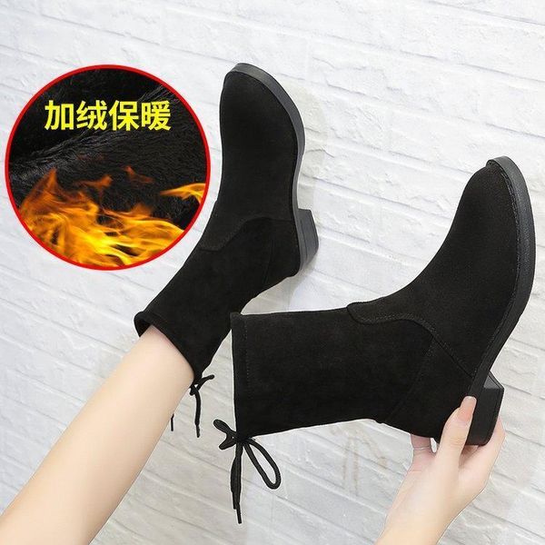 

boots drop 2021 flock winter women shoes woman high heels ankle lace up booties women1, Black