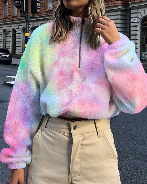 

women's hoodies & sweatshirts chronstyle women short velvet loose high neck long sleeve autumn zip up tie dyeing print sports outwear, Black