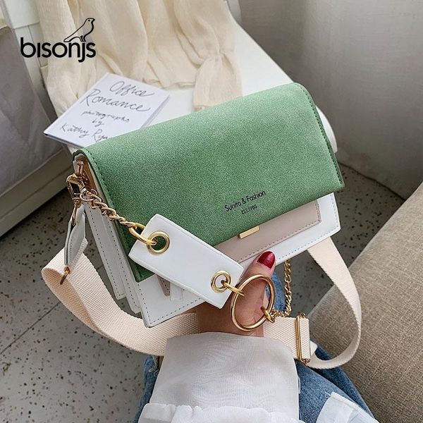 

bisonjs scrub leather contrast color crossbody bags for women 2020 chain simple shoulder bag lady purses and handbags cross body