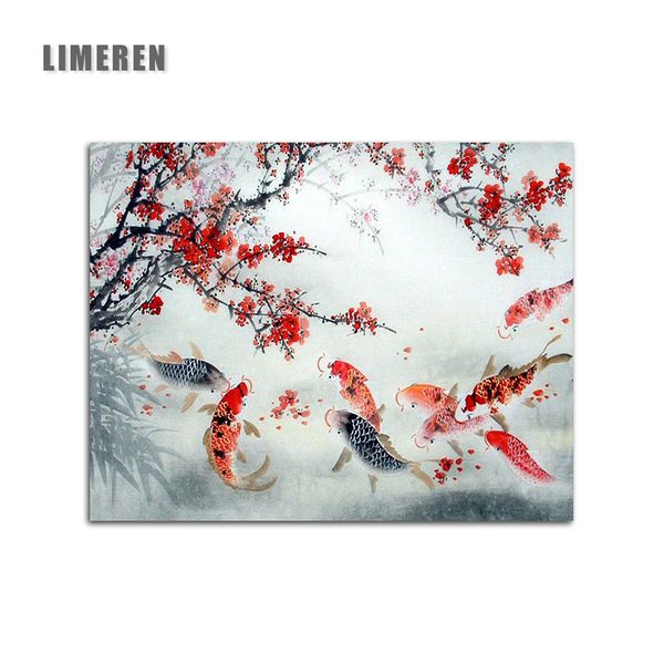 Chinês Lucky Koi Plum Vermelho Flor Pintura Modular Digital Pintura De Pintura por Número sobre Lona Para A Arte Da Parede da Sala LJ201128