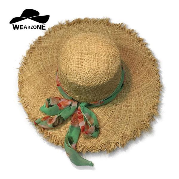 

wide brim hats wearzone brand women natural raffia straw fringe plain large beach summer sun caps big cap scarf, Blue;gray