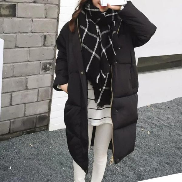 

winter warm overcoat women zipper casual solid color long thick loose bread coat winter jacket cotton clothes1, Black