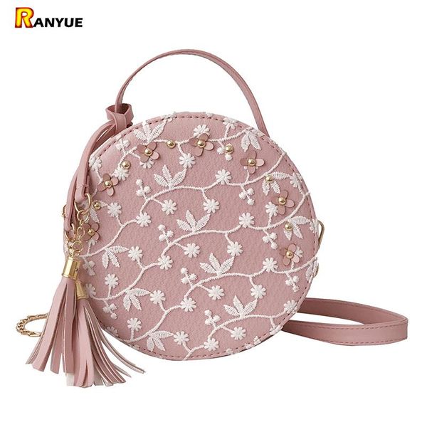 

white lace flowers women bag 2020 new handbag pu leather small round bag tassel rivet chain shoulder messenger bags