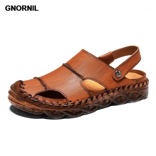 

gnornil brand men sandals summer genuine leather outdoor sport casual beach shoes male soften comfortable footwear1, Black