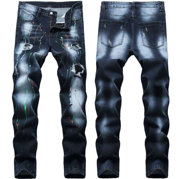 

2020 new paint throwing jeans fashion design hole men's elastic slim pants, Blue