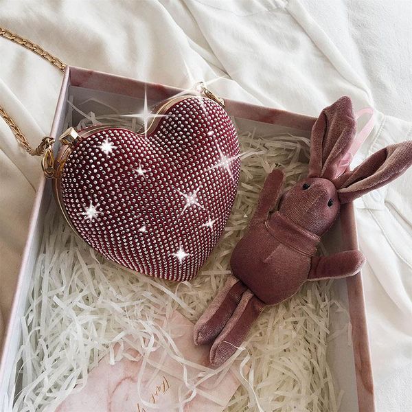 

new handbag purse shoulder bag heart shaped leather chain messenger bags crossbody clutch diamond red small bag