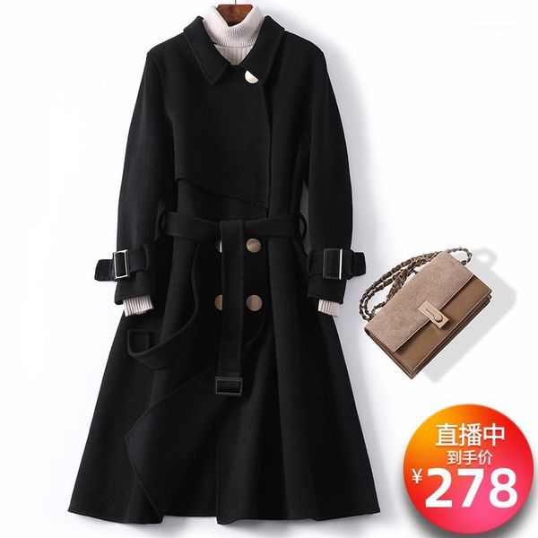 

women's wool & blends double faced overcoat women's coat medium length lace up windproof back cover zero cashmere slim fit1, Black