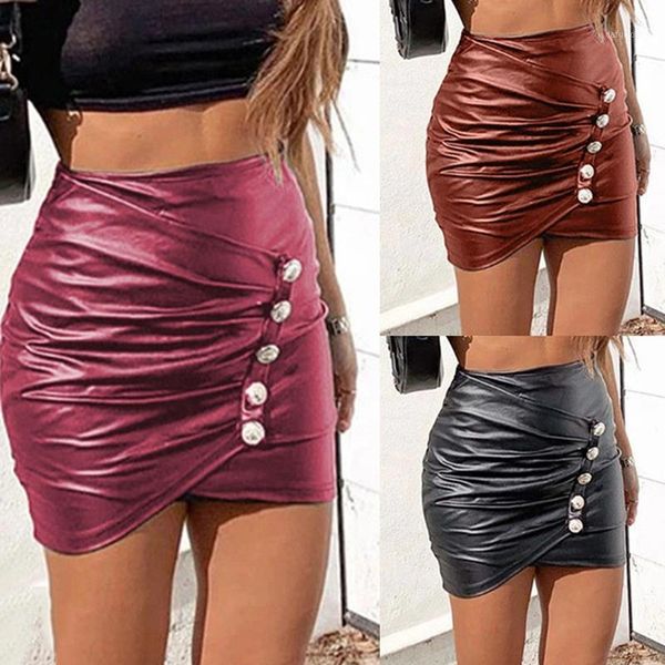 

pu skirts women fashion faux leather skirt women elegant button waist mini skirts female ladies drop shipping1, Black