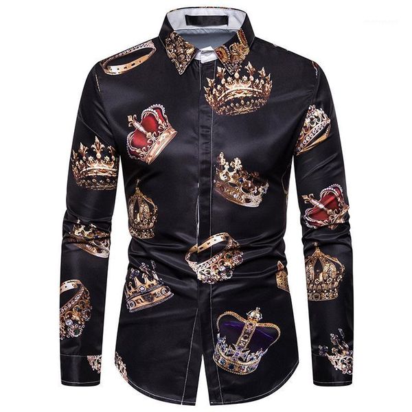 

men's casual shirts fashion men's long-sleeved shirt crown printed streetwear mens dress autumn clothes1, White;black