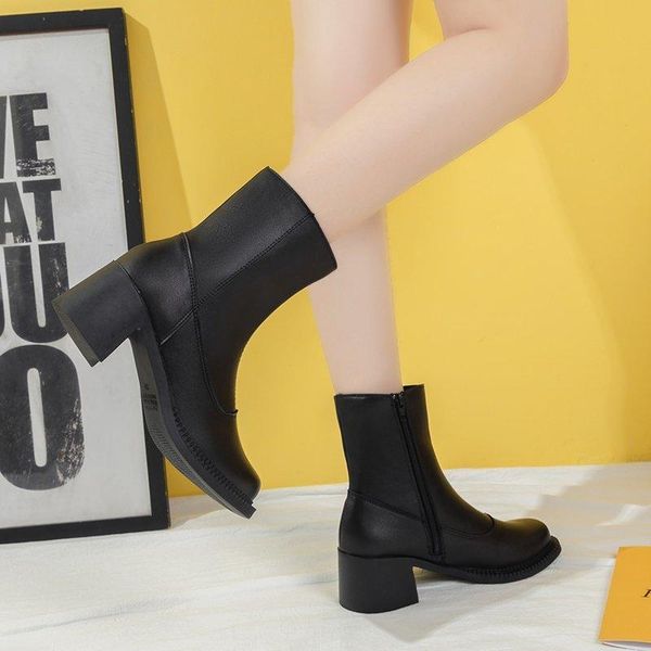 

women's pu leather high heels ankle boots autumn winter 2020 fashion thick heeled short booties mujer black zipper shoes