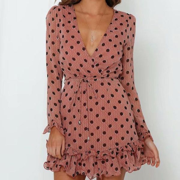 

2020 dot print dress women pink high waist mini dress lace up a-line vestido v-neck long sleeve pleated ruffles ropa mujer1, Black;gray