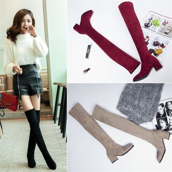 

thigh winter pointed over the knee women high thin with thick and suede elastic boots b10 y200115, Black