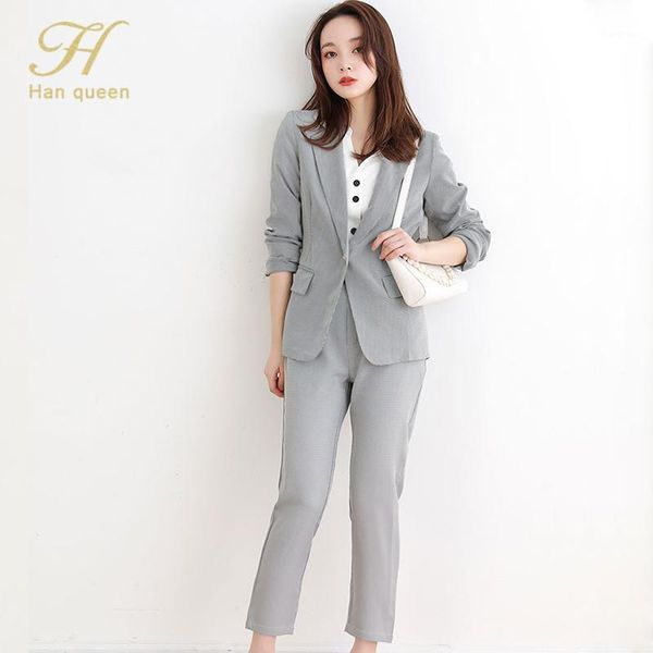 

h han queen fashion business pant suits simple pocket jacket and long pant plaid blazer set women autumn 2 pieces suits new1, White