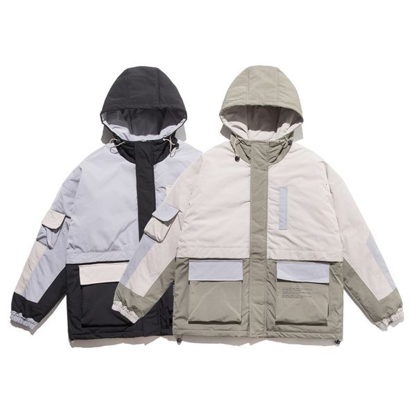 

winter new japanese color matching pocket tooling cotton clothing men's trend loose thick casual cotton clothing, Black