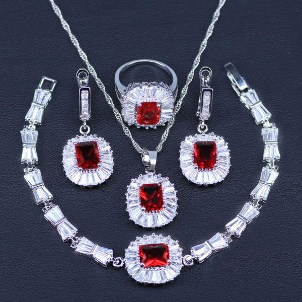 

square red zirconia white cz silver color jewelry sets for women party earrings/pendant/necklace/bracelets/rings