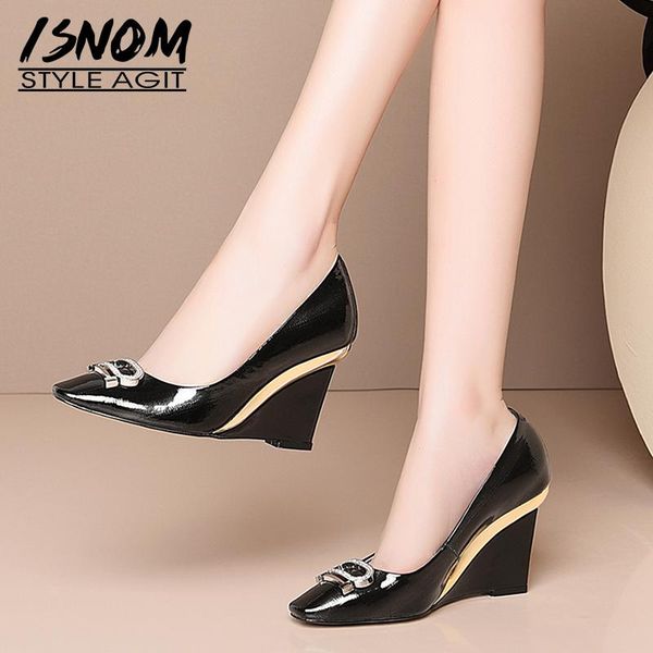 

isnom patent leather pumps women shoes wedges pumps metal crystal square toe high heel shoes woman ladies wedge black