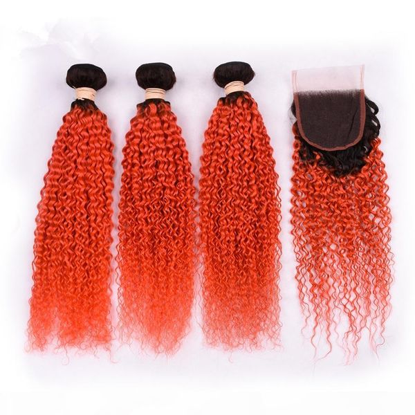 

12 14 16 18 дюймов монгольской курчавый фигурные ломбера волос 1b оранжевые пучки с 4 * 4 закрытия, Black;brown