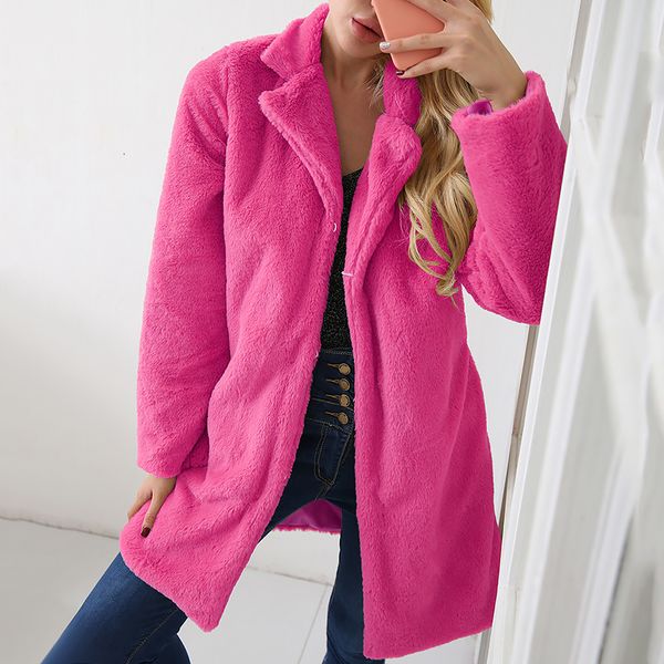 

rose red long jacket coat winter thick warm oversized fuzzy outerwear overcoat women lapel faux fur coats